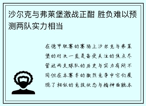 沙尔克与弗莱堡激战正酣 胜负难以预测两队实力相当