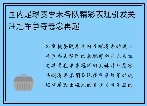 国内足球赛季末各队精彩表现引发关注冠军争夺悬念再起