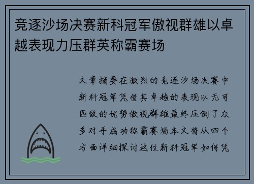 竞逐沙场决赛新科冠军傲视群雄以卓越表现力压群英称霸赛场