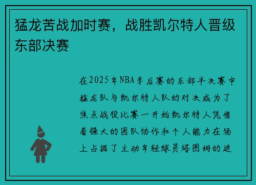 猛龙苦战加时赛，战胜凯尔特人晋级东部决赛